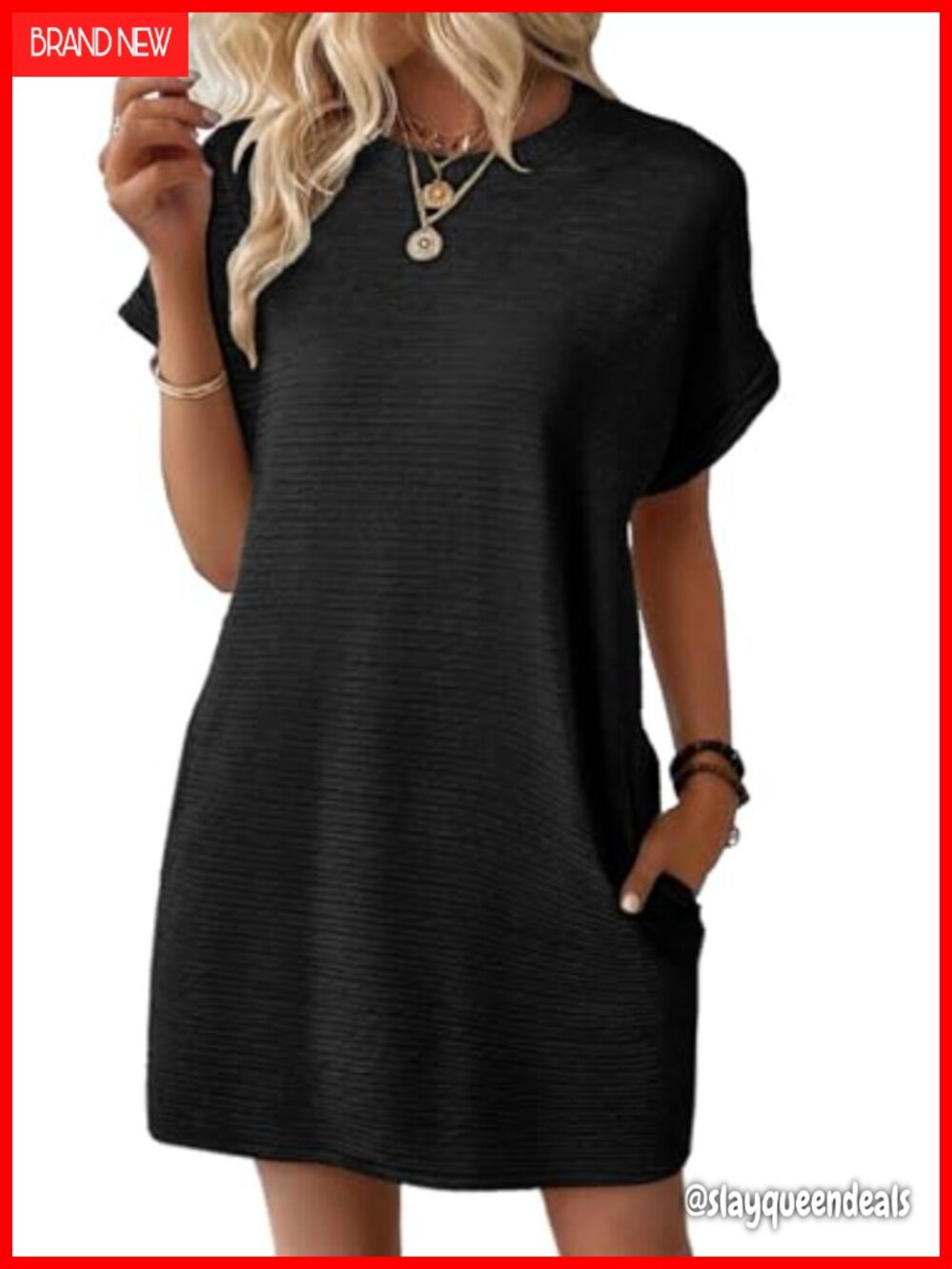 Women's Short Sleeve Crewneck Pleated Mini Dress with Pockets